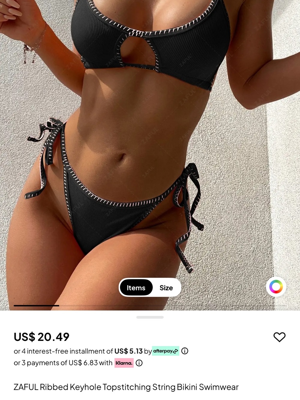Zaful Black Ribbed String Bikini with White Topstitching